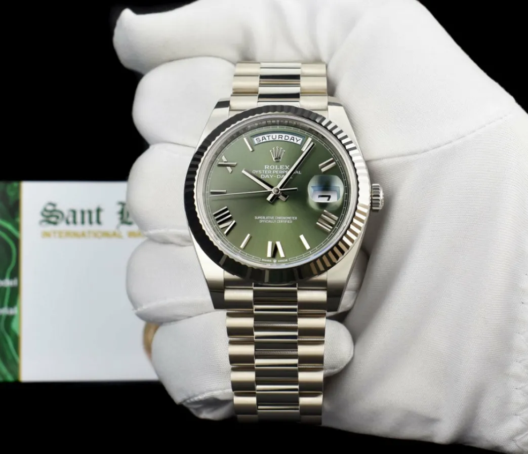 rolex_kt_white_gold_day_d_1.webp President Dress Watches | Sant Blanc ROLEX 18kt White Gold Day Date 40 President Green Roman Model 228239