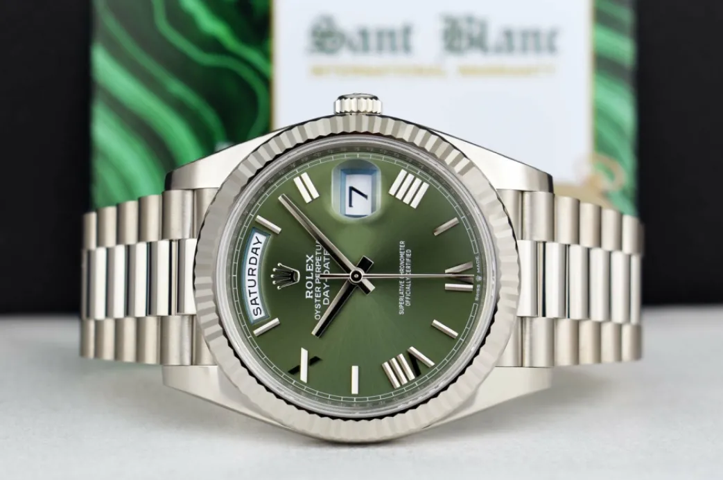 rolex_kt_white_gold_day_d_4.webp President Dress Watches | Sant Blanc ROLEX 18kt White Gold Day Date 40 President Green Roman Model 228239