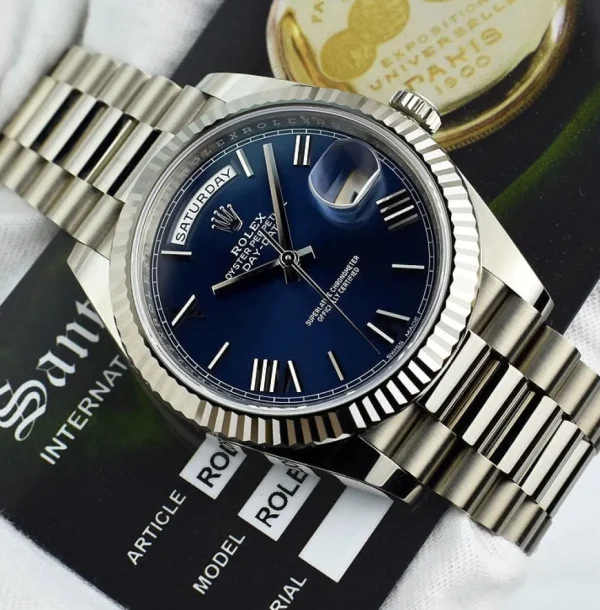 Men's Watches | President Dress Watches | Sant Blanc ROLEX 18kt White Gold Day Date 40 President Blue Roman Dial With Model 228239