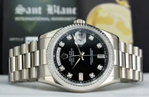Men's Watches | President Dress Watches | Sant Blanc ROLEX 18kt White Gold Day Date President Black Diamond Dial Fat Buckle Model 118239