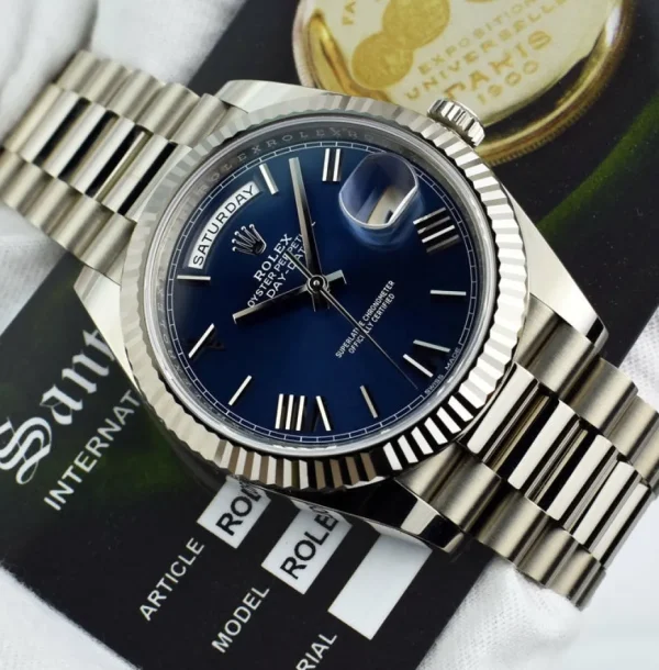 President Dress Watches | Sant Blanc ROLEX 18kt White Gold DayDate 40 President Blue Roman Model 228239
