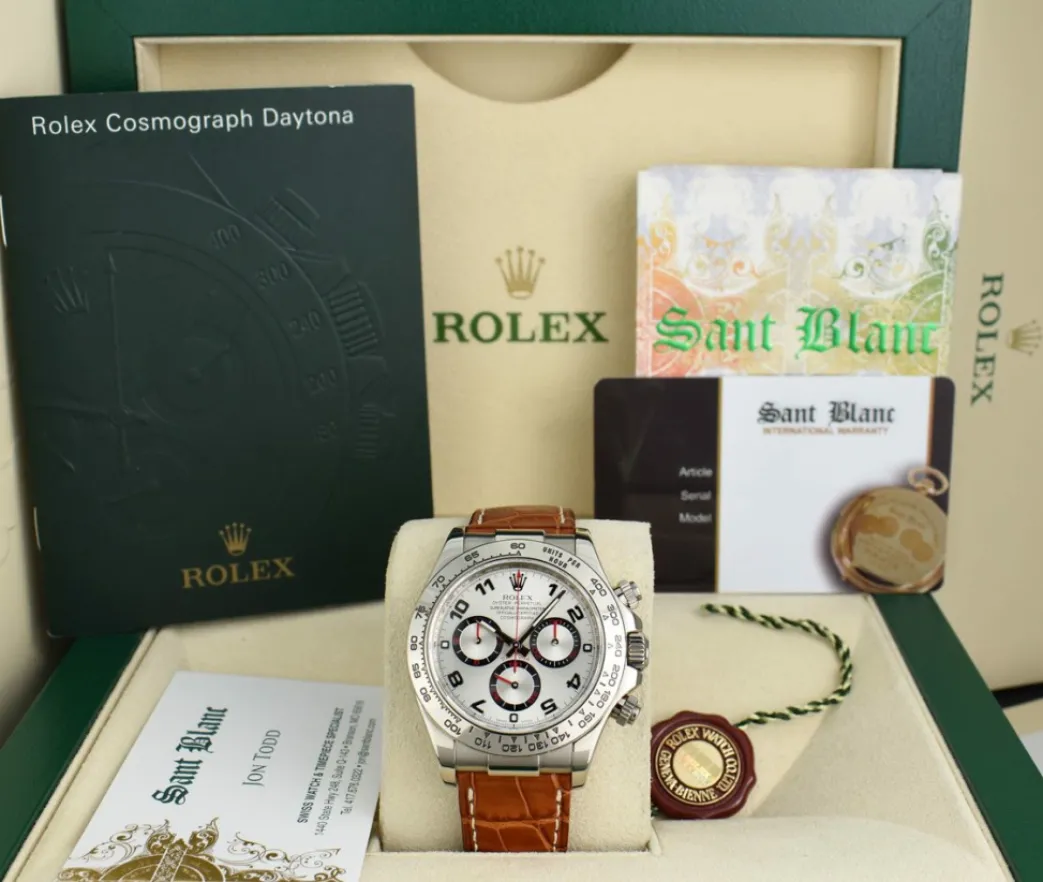 rolex_kt_white_gold_dayto_0-1.webp Racing Professional Watches | Sant Blanc ROLEX 18kt White Gold Daytona Silver Dial Honey Brown Strap Model 116519