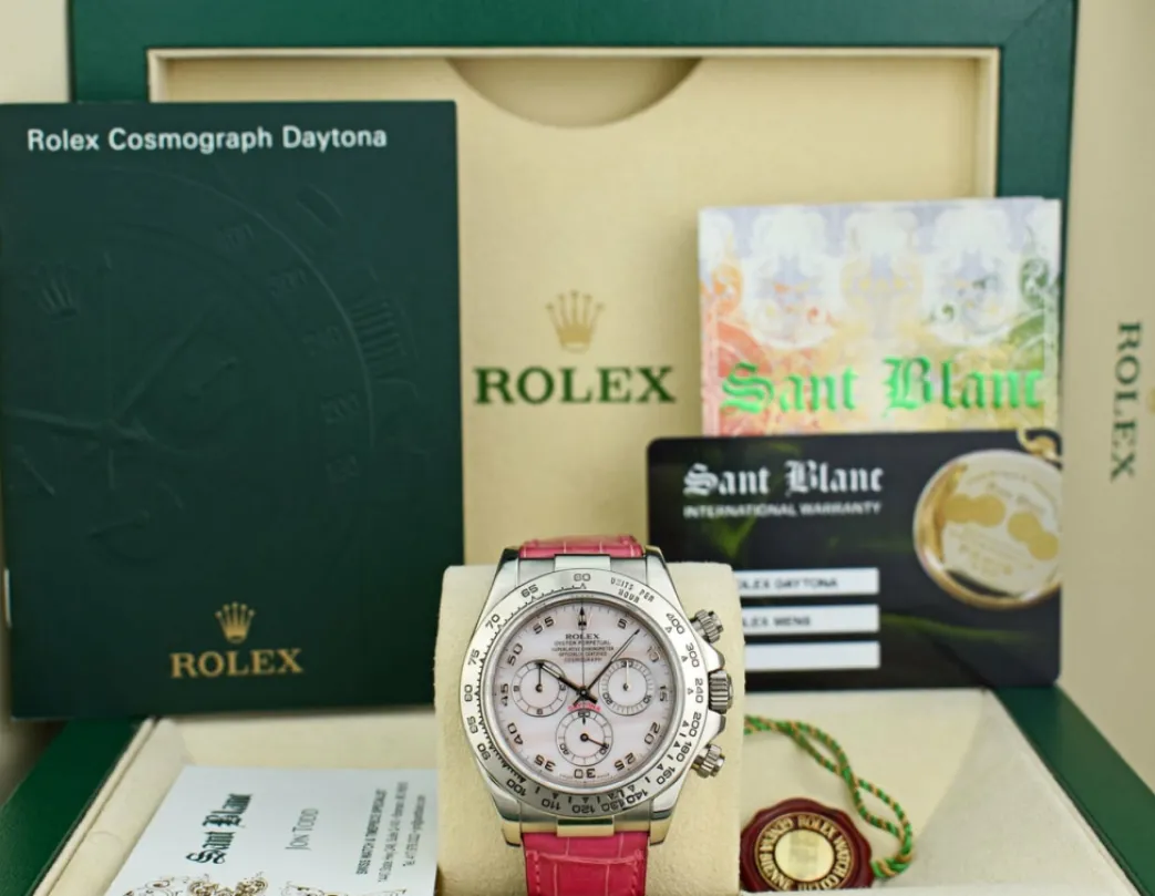 rolex_kt_white_gold_dayto_0-17.webp Sports Watches | Racing Professional Watches | Sant Blanc ROLEX 18kt White Gold Daytona Rose MOP Arabic Dial on Pink Crocodile Strap Model 116519