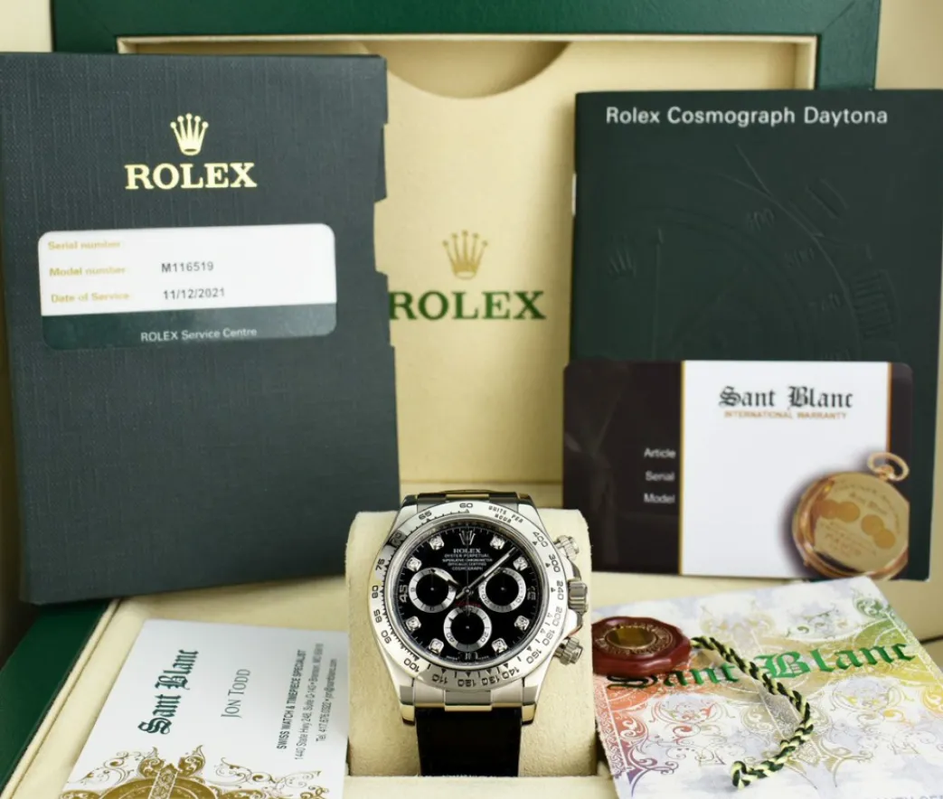 rolex_kt_white_gold_dayto_0-8.webp Men's Watches | Racing Professional Watches | Sant Blanc ROLEX 18kt White Gold DAYTONA Black Diamond Dial Black Patent Alligator Strap Model 116519