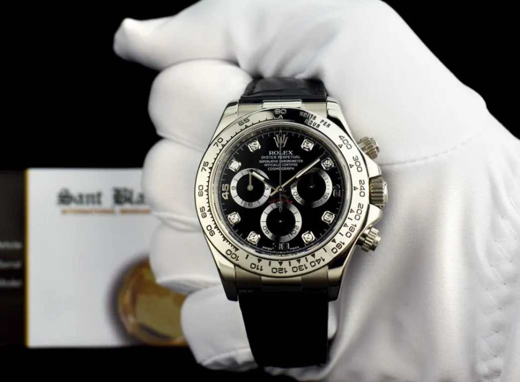 rolex_kt_white_gold_dayto_1-8.webp Men's Watches | Racing Professional Watches | Sant Blanc ROLEX 18kt White Gold DAYTONA Black Diamond Dial Black Patent Alligator Strap Model 116519