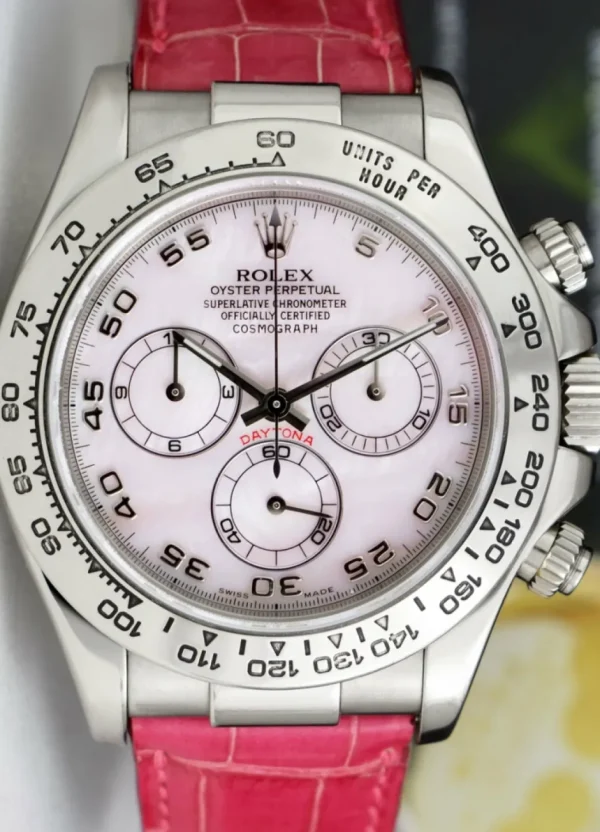 Sports Watches | Racing Professional Watches | Sant Blanc ROLEX 18kt White Gold Daytona Rose MOP Arabic Dial on Pink Crocodile Strap Model 116519