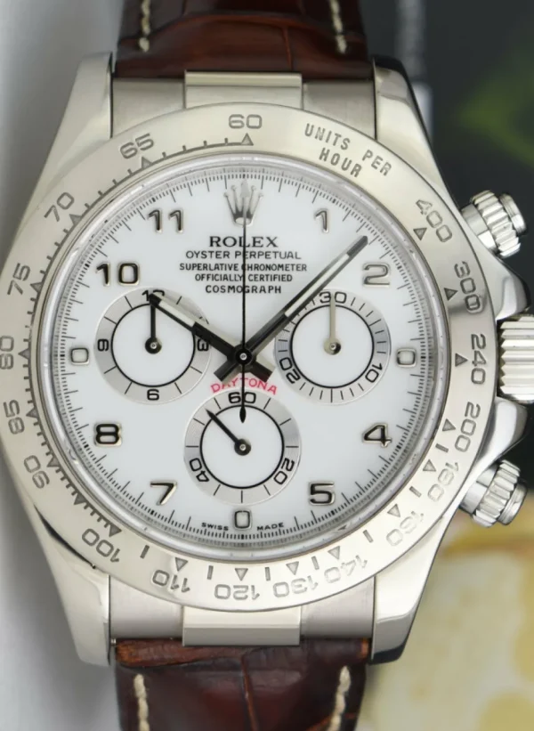 Sports Watches | Racing Professional Watches | Sant Blanc ROLEX 18kt White Gold Daytona White Arabic on Brown Strap Model 116519