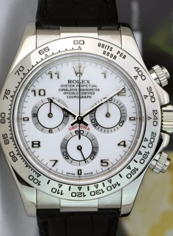 Sports Watches | Racing Professional Watches | Sant Blanc ROLEX 18kt White Gold Daytona on Black Strap White Arabic Dial Model 116519