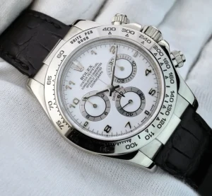 Sports Watches | Racing Professional Watches | Sant Blanc ROLEX 18kt White Gold Daytona on Black Strap White Arabic Dial Model 116519