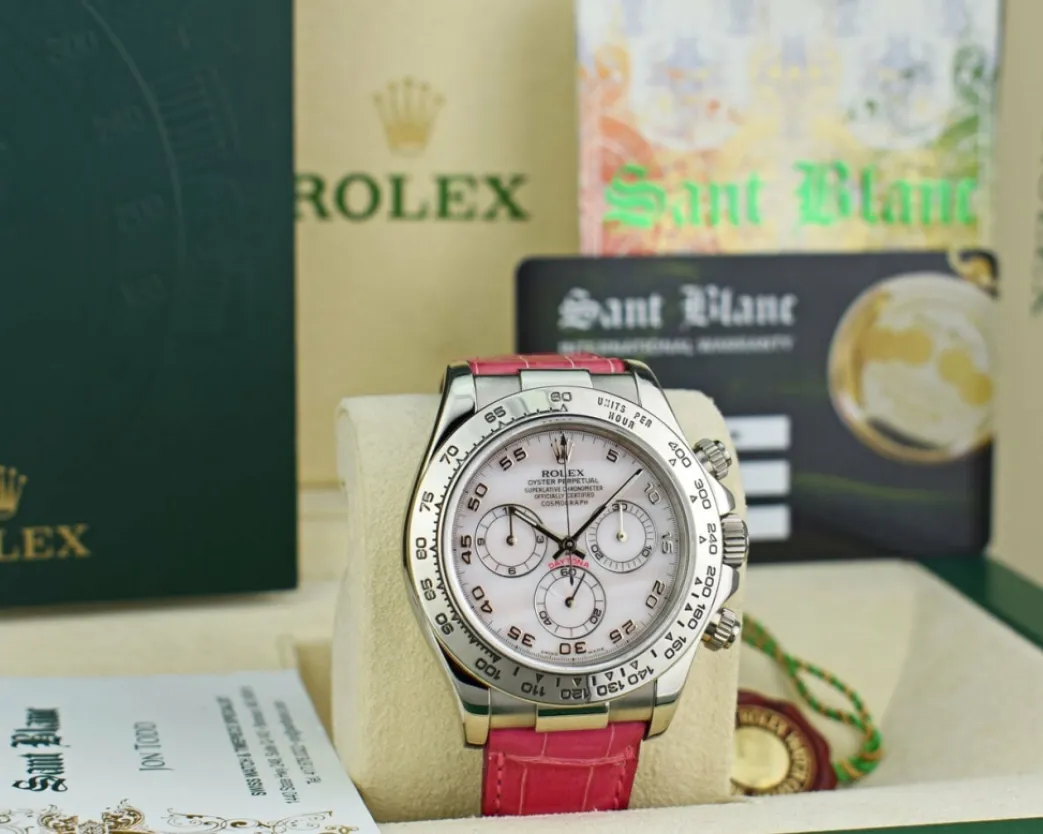 rolex_kt_white_gold_dayto_2-17.webp Sports Watches | Racing Professional Watches | Sant Blanc ROLEX 18kt White Gold Daytona Rose MOP Arabic Dial on Pink Crocodile Strap Model 116519
