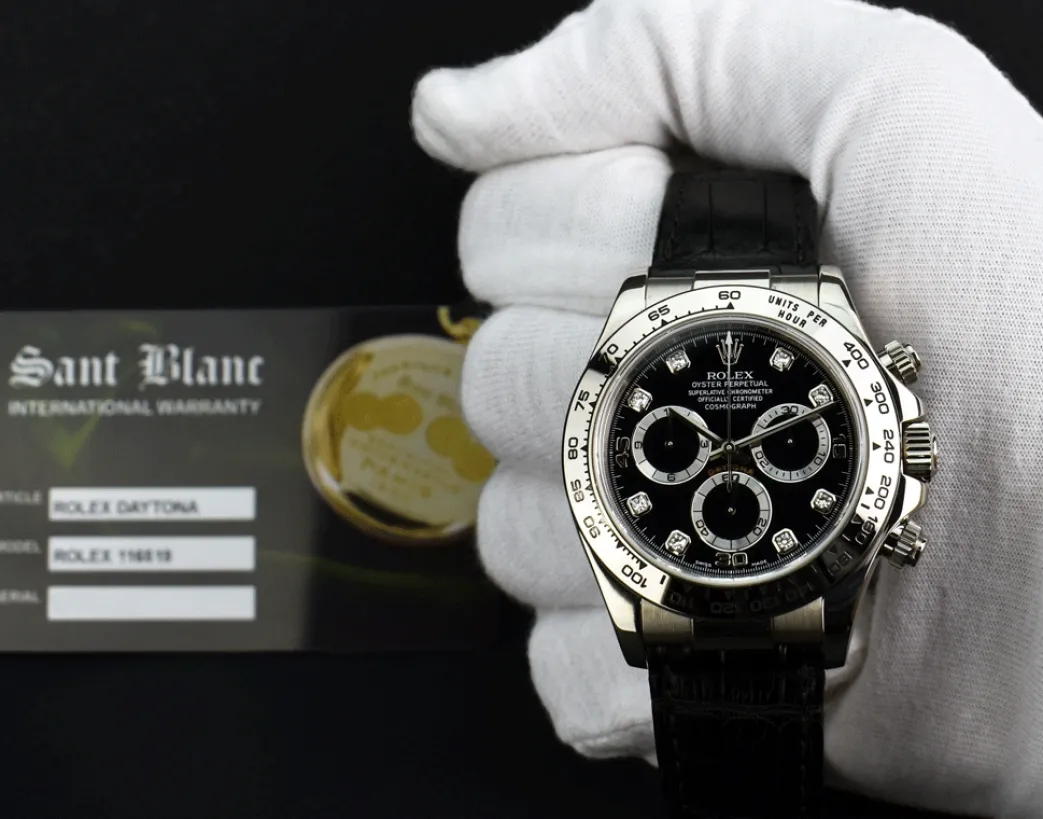 rolex_kt_white_gold_dayto_2-19.webp Sports Watches | Racing Professional Watches | Sant Blanc ROLEX 18kt White Gold Daytona on Strap Black Diamond Dial Model 116519
