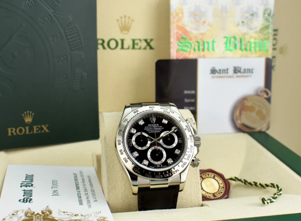 rolex_kt_white_gold_dayto_2-8.webp Men's Watches | Racing Professional Watches | Sant Blanc ROLEX 18kt White Gold DAYTONA Black Diamond Dial Black Patent Alligator Strap Model 116519