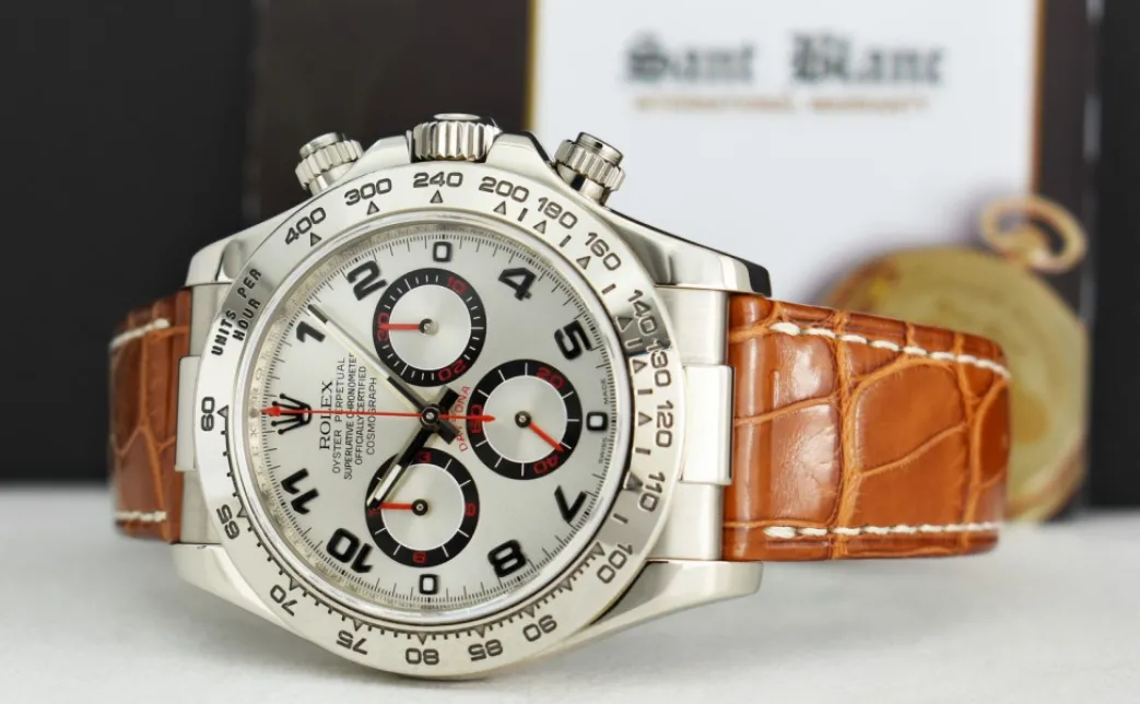 rolex_kt_white_gold_dayto_3-1.webp Racing Professional Watches | Sant Blanc ROLEX 18kt White Gold Daytona Silver Dial Honey Brown Strap Model 116519