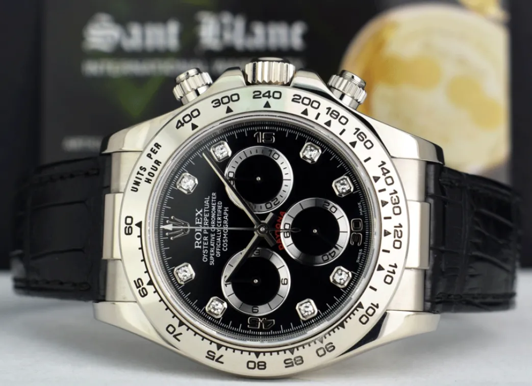 rolex_kt_white_gold_dayto_3-19.webp Sports Watches | Racing Professional Watches | Sant Blanc ROLEX 18kt White Gold Daytona on Strap Black Diamond Dial Model 116519