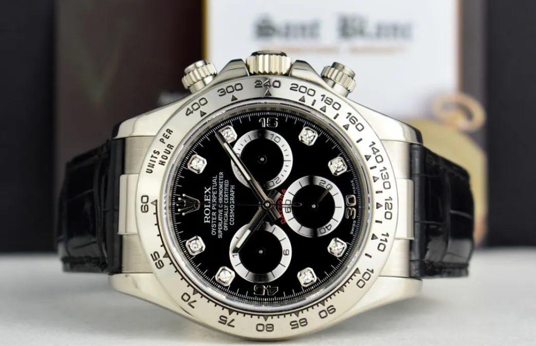 rolex_kt_white_gold_dayto_3-8.webp Men's Watches | Racing Professional Watches | Sant Blanc ROLEX 18kt White Gold DAYTONA Black Diamond Dial Black Patent Alligator Strap Model 116519
