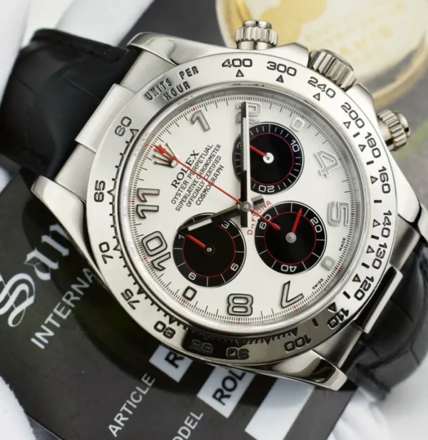 Sports Watches | Racing Professional Watches | Sant Blanc ROLEX 18kt White Gold Daytona Panda Arabic on Black Strap Model 116519