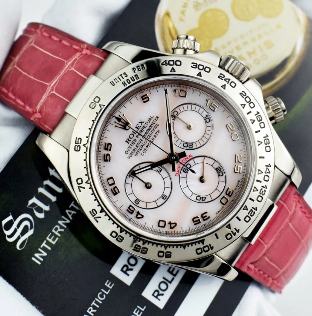rolex_kt_white_gold_dayto_4-17.webp Sports Watches | Racing Professional Watches | Sant Blanc ROLEX 18kt White Gold Daytona Rose MOP Arabic Dial on Pink Crocodile Strap Model 116519
