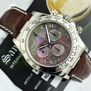 Sports Watches | Racing Professional Watches | Sant Blanc ROLEX 18kt White Gold Daytona on Brown Strap MOP Roman Dial Model 116519