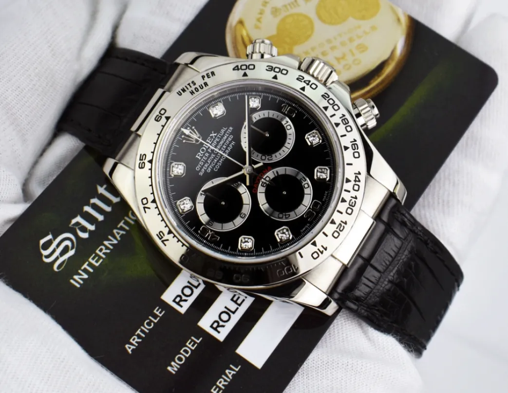 rolex_kt_white_gold_dayto_4-19.webp Sports Watches | Racing Professional Watches | Sant Blanc ROLEX 18kt White Gold Daytona on Strap Black Diamond Dial Model 116519