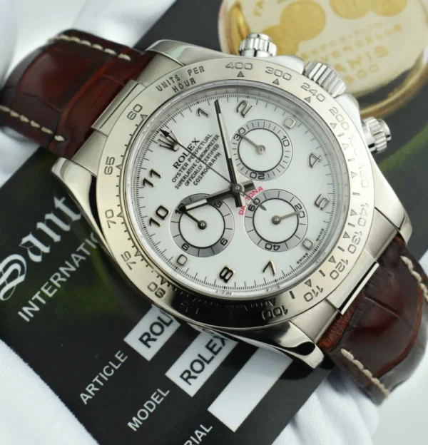 Sports Watches | Racing Professional Watches | Sant Blanc ROLEX 18kt White Gold Daytona White Arabic on Brown Strap Model 116519