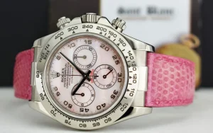 Racing Professional Watches | Sant Blanc ROLEX 18kt White Gold Daytona Rose Mother of Pearl Dial Lizzard Pink Strap Model 116519