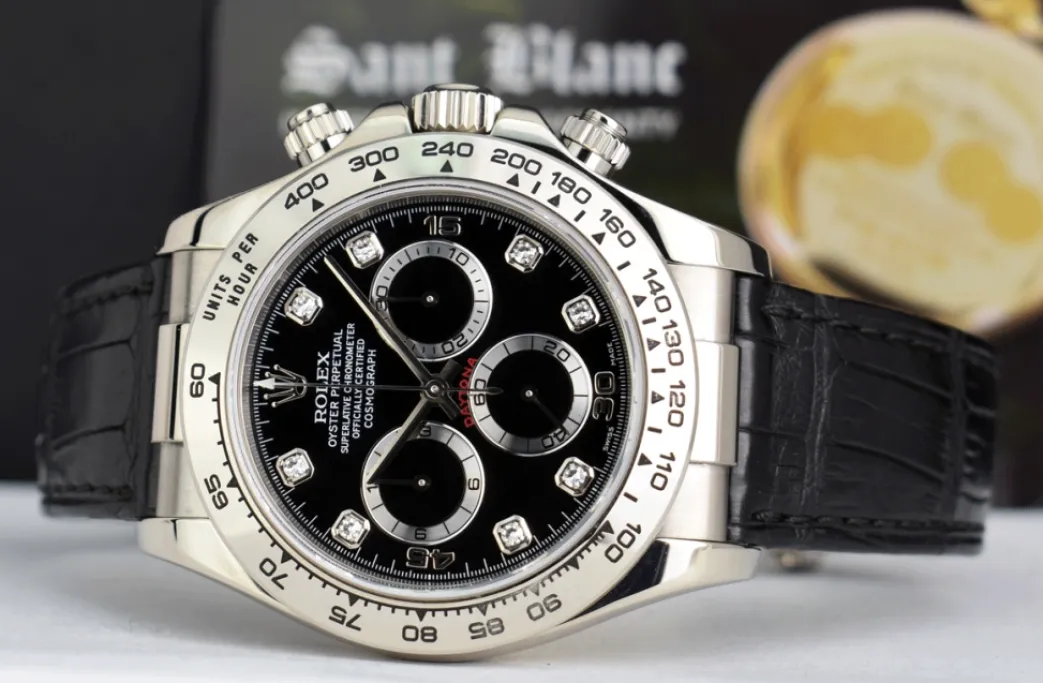 rolex_kt_white_gold_dayto_5-19.webp Sports Watches | Racing Professional Watches | Sant Blanc ROLEX 18kt White Gold Daytona on Strap Black Diamond Dial Model 116519