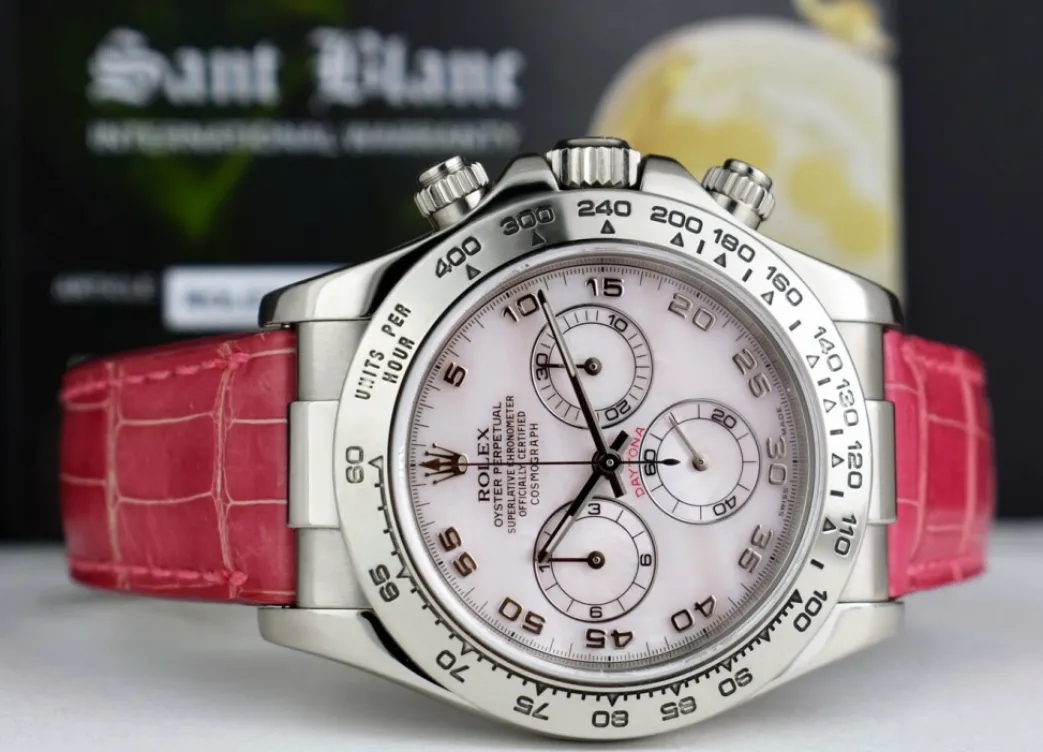 rolex_kt_white_gold_dayto_6-17.webp Sports Watches | Racing Professional Watches | Sant Blanc ROLEX 18kt White Gold Daytona Rose MOP Arabic Dial on Pink Crocodile Strap Model 116519