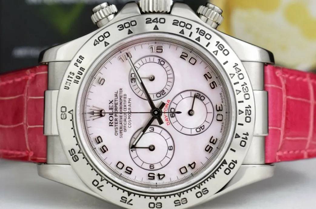 rolex_kt_white_gold_dayto_7-16.webp Sports Watches | Racing Professional Watches | Sant Blanc ROLEX 18kt White Gold Daytona Rose MOP Arabic Dial on Pink Crocodile Strap Model 116519
