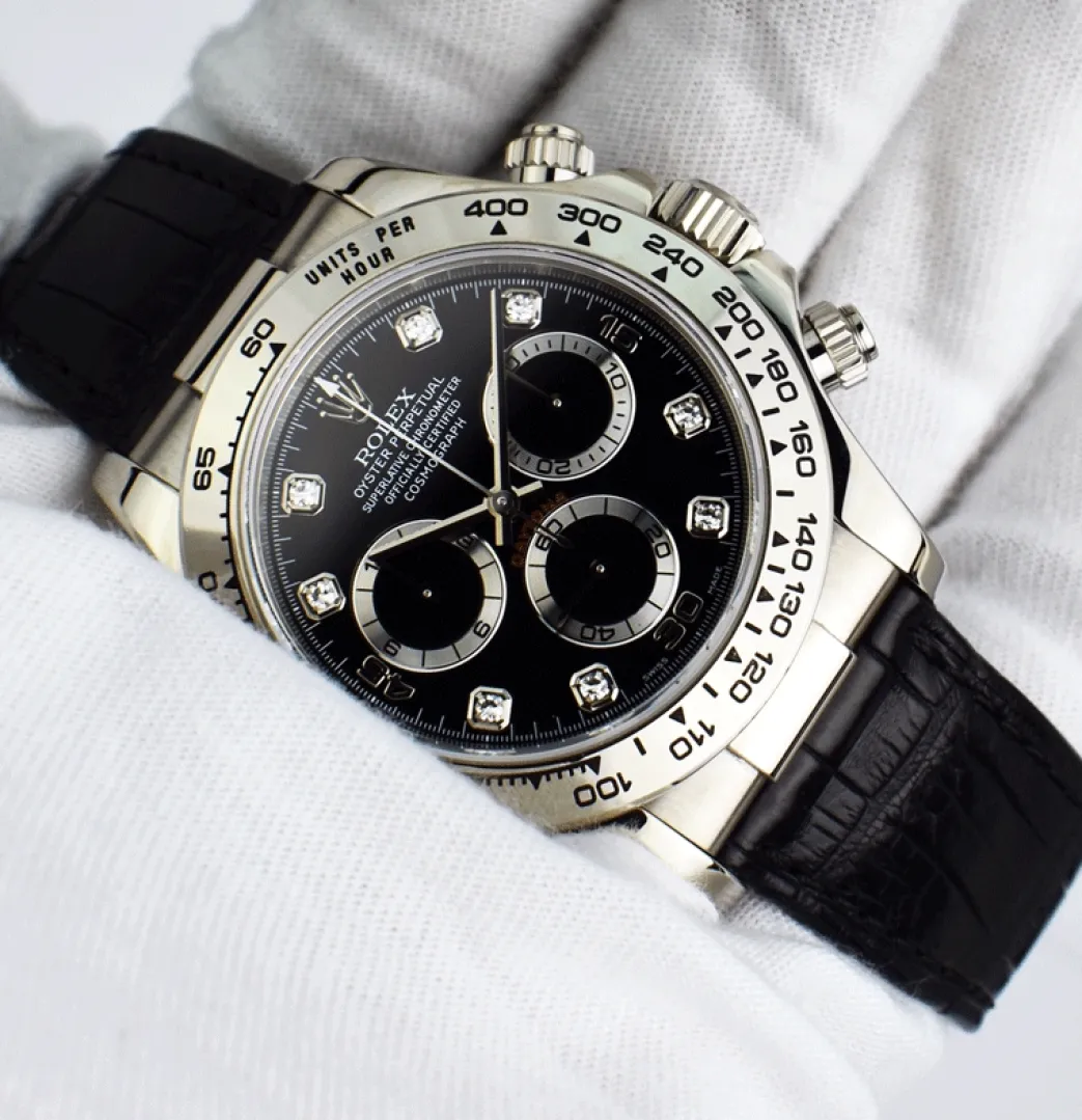 rolex_kt_white_gold_dayto_7-18.webp Sports Watches | Racing Professional Watches | Sant Blanc ROLEX 18kt White Gold Daytona on Strap Black Diamond Dial Model 116519