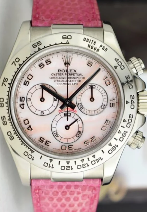 Racing Professional Watches | Sant Blanc ROLEX 18kt White Gold Daytona Rose Mother of Pearl Dial Lizzard Pink Strap Model 116519