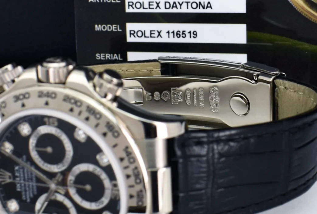 rolex_kt_white_gold_dayto_8-15.webp Sports Watches | Racing Professional Watches | Sant Blanc ROLEX 18kt White Gold Daytona on Strap Black Diamond Dial Model 116519