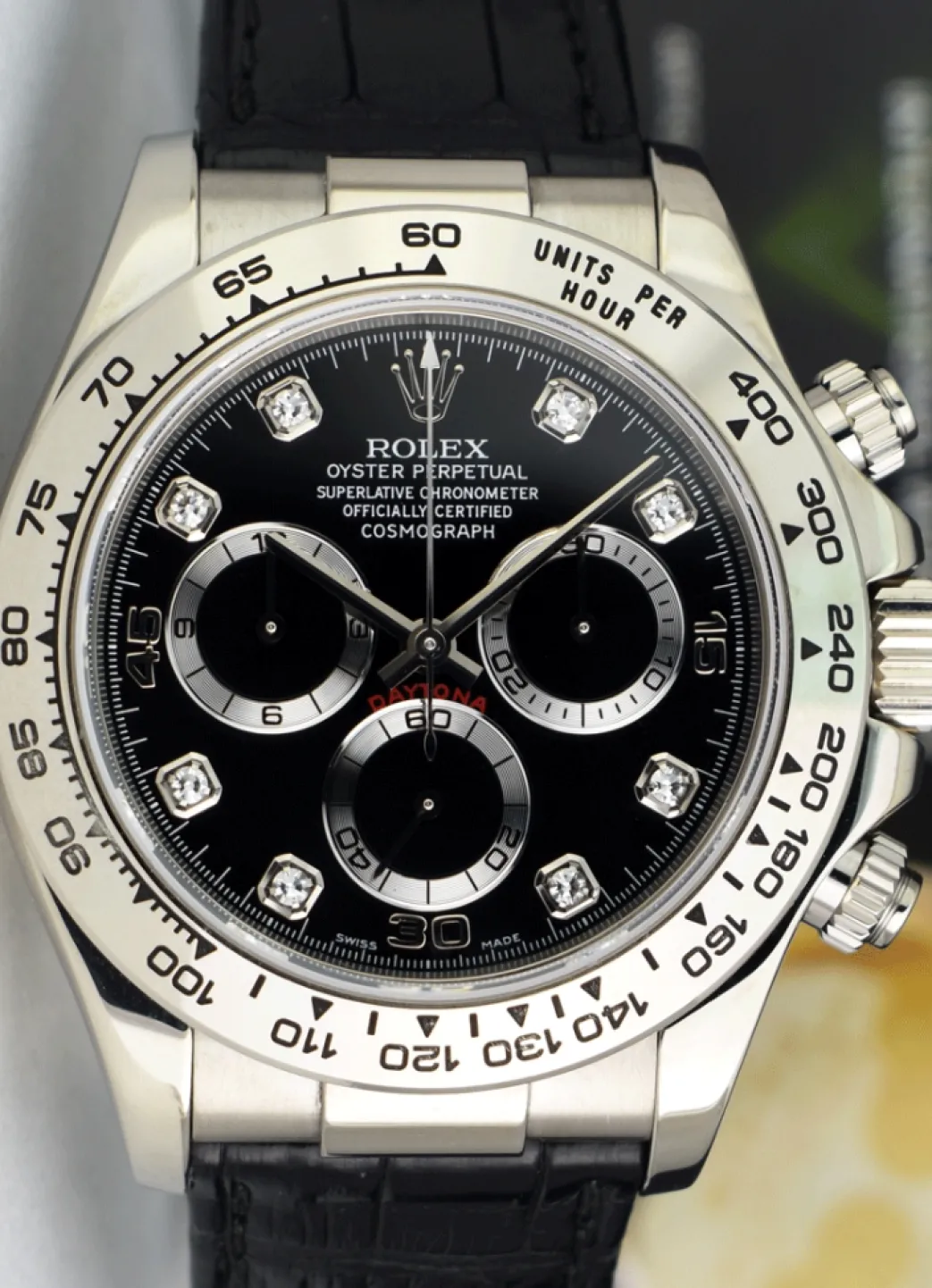 rolex_kt_white_gold_dayto_9-10.webp Sports Watches | Racing Professional Watches | Sant Blanc ROLEX 18kt White Gold Daytona on Strap Black Diamond Dial Model 116519