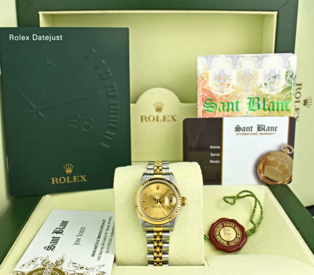 rolex_ladies_kt_gold__sta_0-4.webp Ladies Watches | Dress Watches | Sant Blanc ROLEX Ladies 18kt Gold & Stainless Steel DateJust Champagne Stick Dial Model 79173