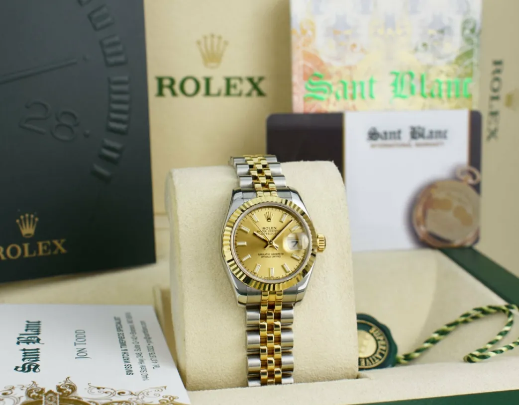 rolex_ladies_kt_gold__sta_1-2.webp Ladies Watches | Dress Watches | Sant Blanc ROLEX Ladies 18kt Gold & Stainless Steel DateJust Champagne Index Dial Model 179173