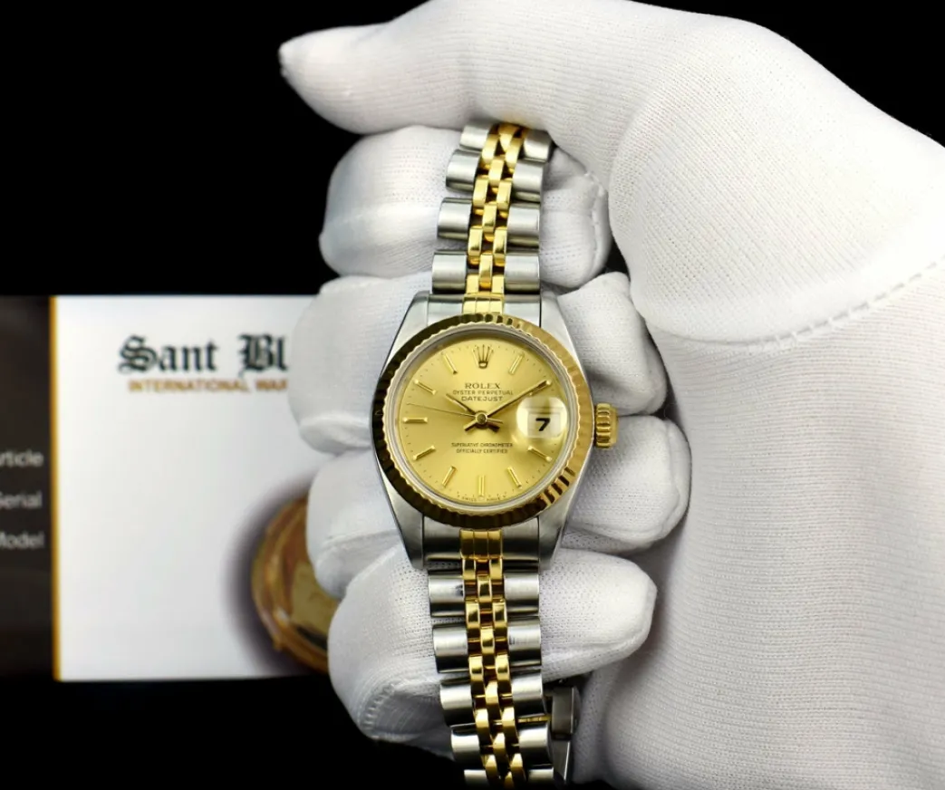 rolex_ladies_kt_gold__sta_1-4.webp Ladies Watches | Dress Watches | Sant Blanc ROLEX Ladies 18kt Gold & Stainless Steel DateJust Champagne Stick Dial Model 79173