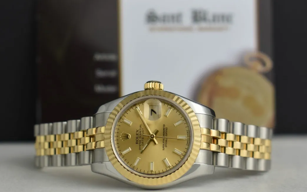 rolex_ladies_kt_gold__sta_2-2.webp Ladies Watches | Dress Watches | Sant Blanc ROLEX Ladies 18kt Gold & Stainless Steel DateJust Champagne Index Dial Model 179173