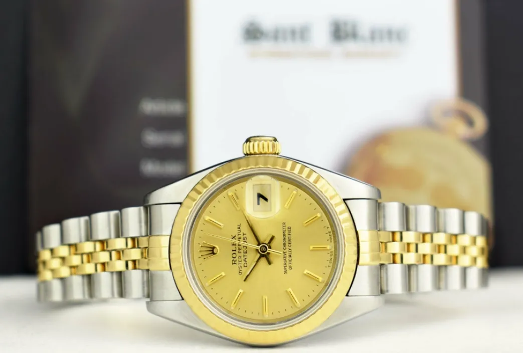rolex_ladies_kt_gold__sta_2-4.webp Ladies Watches | Dress Watches | Sant Blanc ROLEX Ladies 18kt Gold & Stainless Steel DateJust Champagne Stick Dial Model 79173