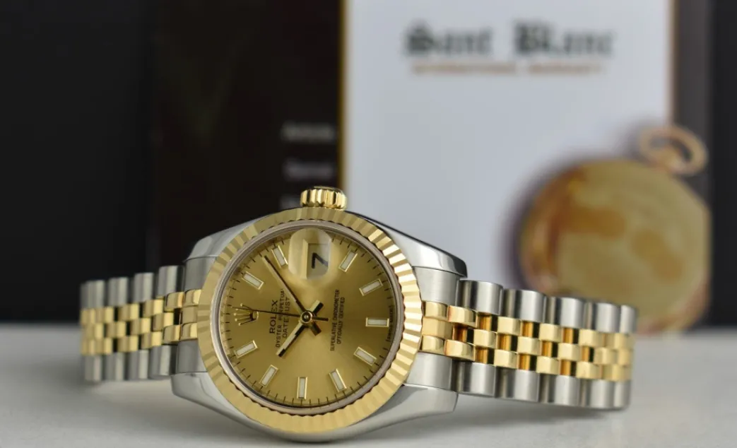 rolex_ladies_kt_gold__sta_3-2.webp Ladies Watches | Dress Watches | Sant Blanc ROLEX Ladies 18kt Gold & Stainless Steel DateJust Champagne Index Dial Model 179173