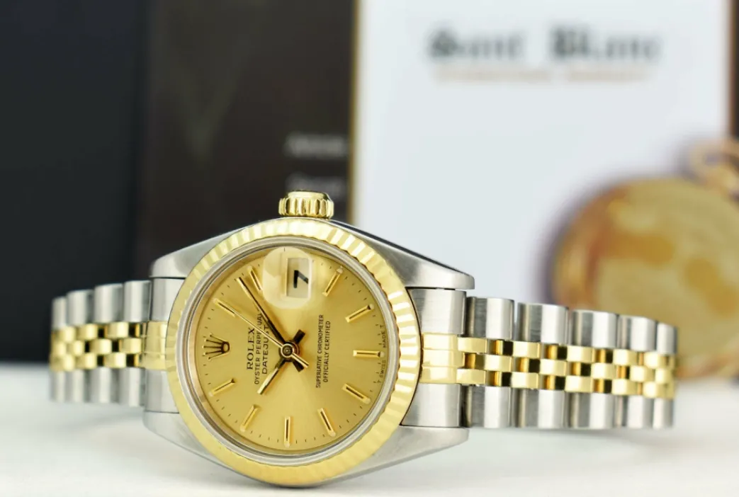 rolex_ladies_kt_gold__sta_3-4.webp Ladies Watches | Dress Watches | Sant Blanc ROLEX Ladies 18kt Gold & Stainless Steel DateJust Champagne Stick Dial Model 79173