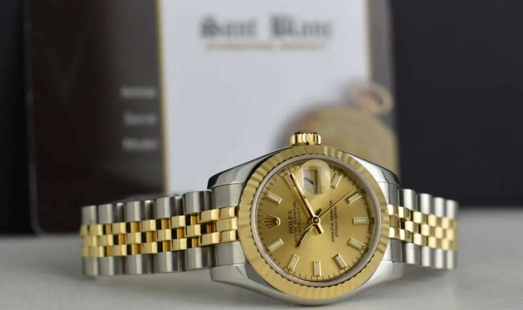 rolex_ladies_kt_gold__sta_4-2.webp Ladies Watches | Dress Watches | Sant Blanc ROLEX Ladies 18kt Gold & Stainless Steel DateJust Champagne Index Dial Model 179173
