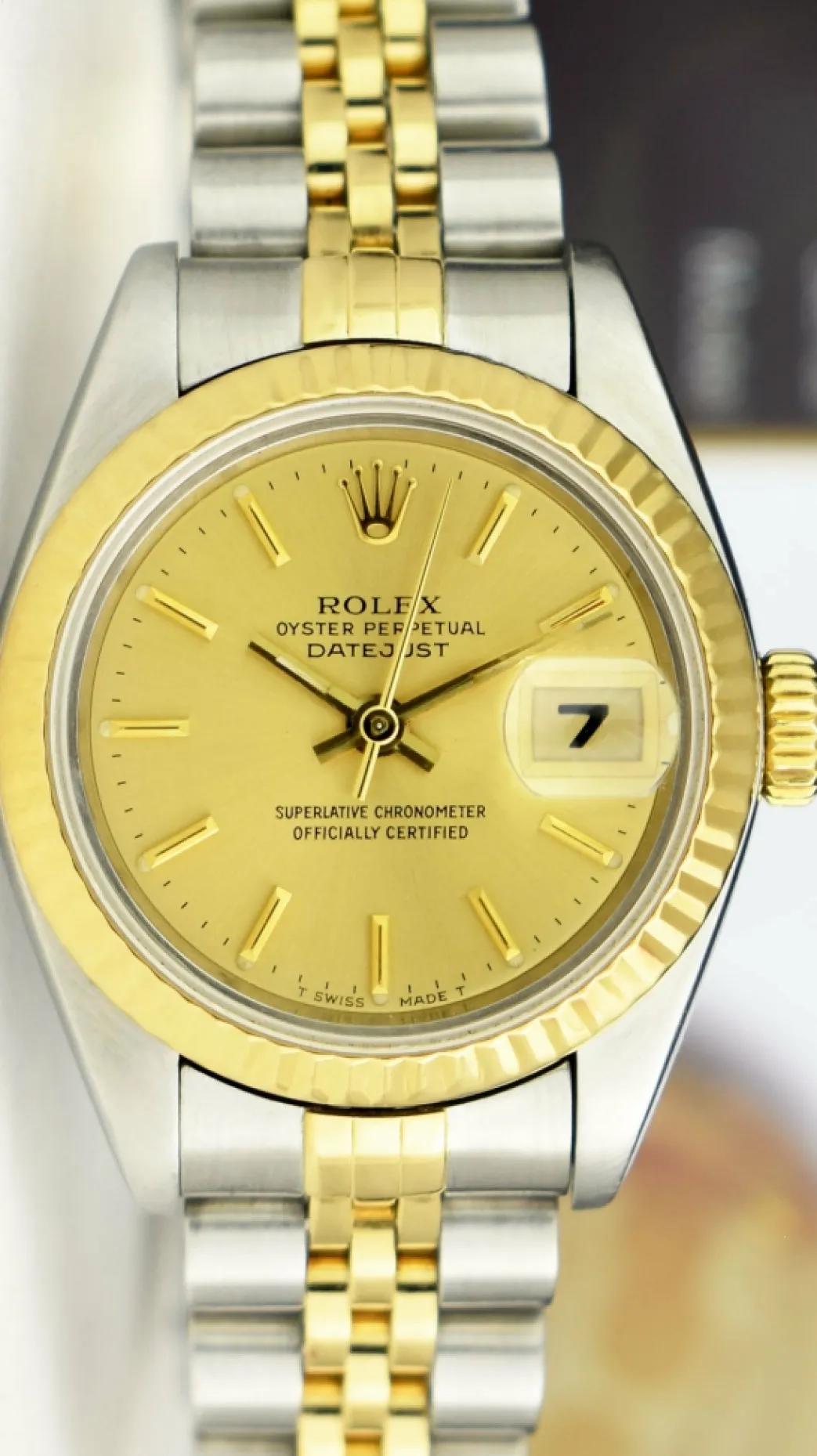 rolex_ladies_kt_gold__sta_6-2.webp Ladies Watches | Dress Watches | Sant Blanc ROLEX Ladies 18kt Gold & Stainless Steel DateJust Champagne Stick Dial Model 79173