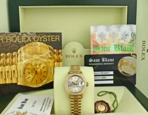 Ladies Watches | Diamond Dress Watches | Sant Blanc ROLEX Ladies 18kt Gold President Datejust Silver Diamond Dial Diamond Bezel Model 69138