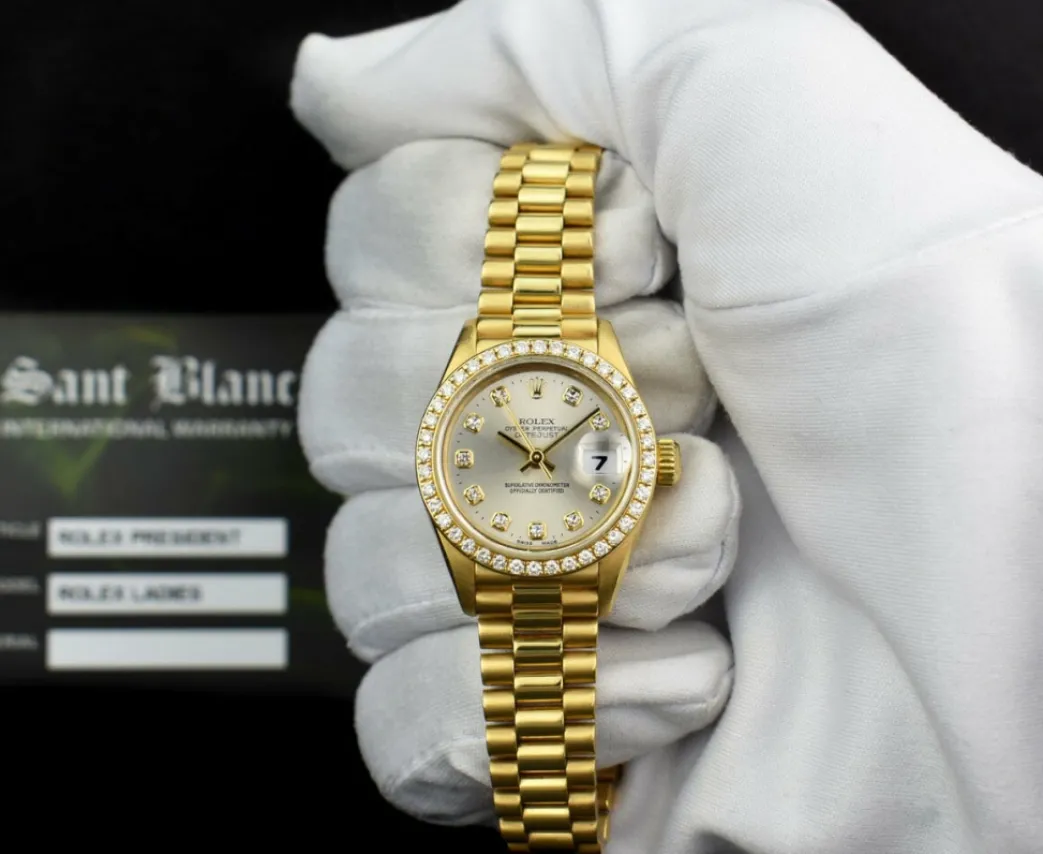 rolex_ladies_kt_gold_pres_1.webp Ladies Watches | Diamond Dress Watches | Sant Blanc ROLEX Ladies 18kt Gold President Datejust Silver Diamond Dial Diamond Bezel Model 69138