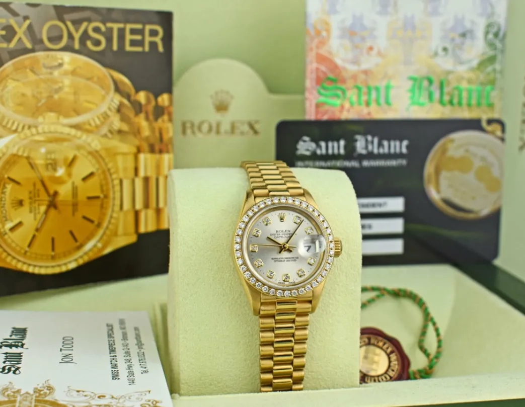rolex_ladies_kt_gold_pres_2.webp Ladies Watches | Diamond Dress Watches | Sant Blanc ROLEX Ladies 18kt Gold President Datejust Silver Diamond Dial Diamond Bezel Model 69138