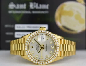 Ladies Watches | Diamond Dress Watches | Sant Blanc ROLEX Ladies 18kt Gold President Datejust Silver Diamond Dial Diamond Bezel Model 69138