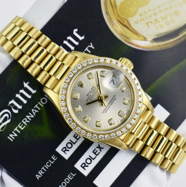 Ladies Watches | Diamond Dress Watches | Sant Blanc ROLEX Ladies 18kt Gold President Datejust Silver Diamond Dial Diamond Bezel Model 69138