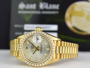Ladies Watches | Diamond Dress Watches | Sant Blanc ROLEX Ladies 18kt Gold President Datejust Silver Diamond Dial Diamond Bezel Model 69138
