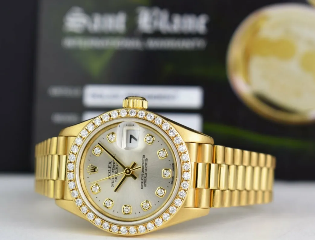 rolex_ladies_kt_gold_pres_5.webp Ladies Watches | Diamond Dress Watches | Sant Blanc ROLEX Ladies 18kt Gold President Datejust Silver Diamond Dial Diamond Bezel Model 69138