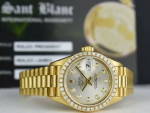Ladies Watches | Diamond Dress Watches | Sant Blanc ROLEX Ladies 18kt Gold President Datejust Silver Diamond Dial Diamond Bezel Model 69138