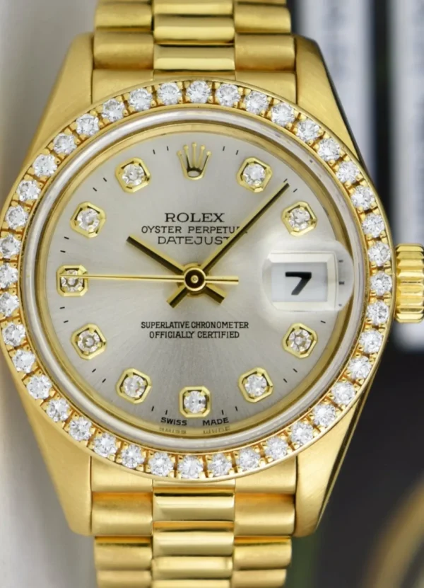 Ladies Watches | Diamond Dress Watches | Sant Blanc ROLEX Ladies 18kt Gold President Datejust Silver Diamond Dial Diamond Bezel Model 69138
